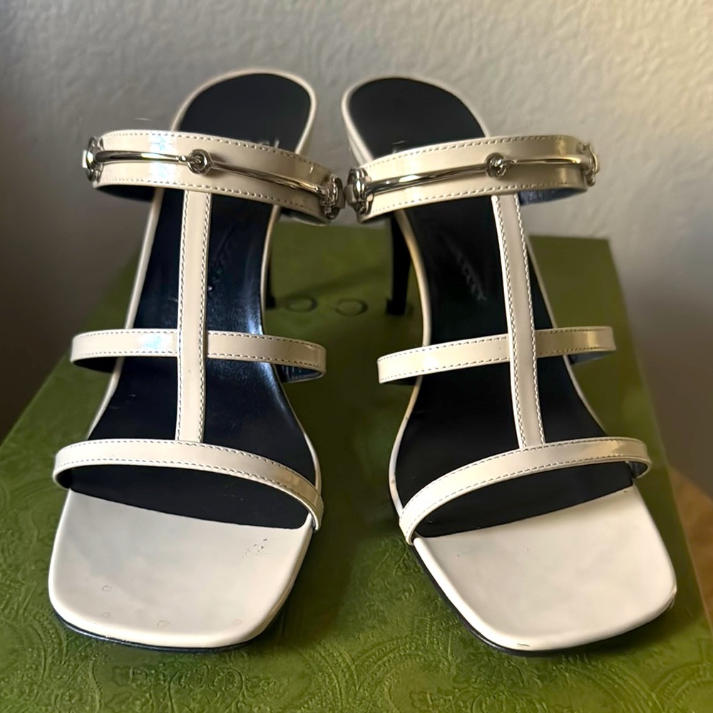 Gucci Regent Horsebit Mystic White Strappy Heels. Like new with box